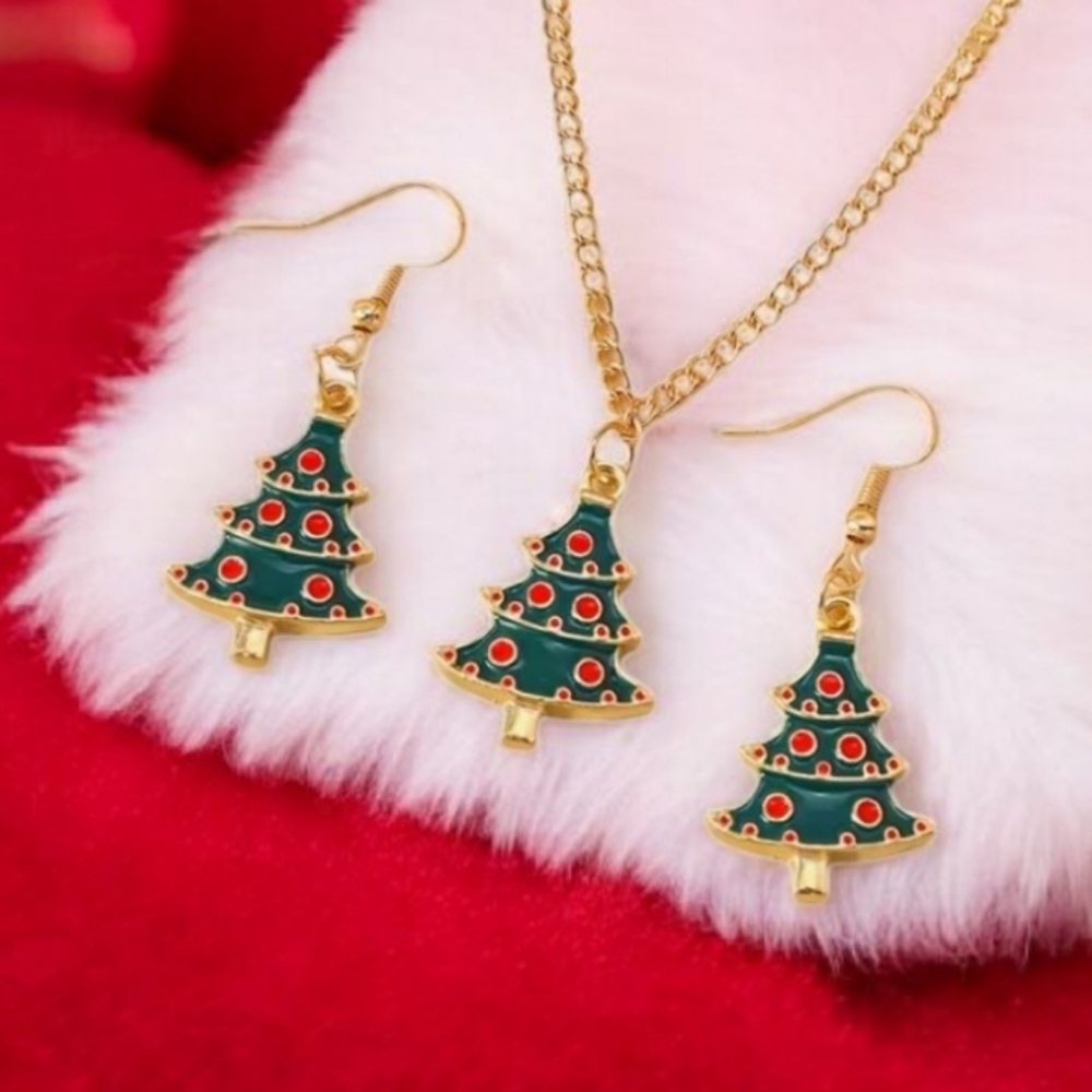 Christmas Tree Dangle Earrings Enamel Holiday Party Jewelry Necklace Set